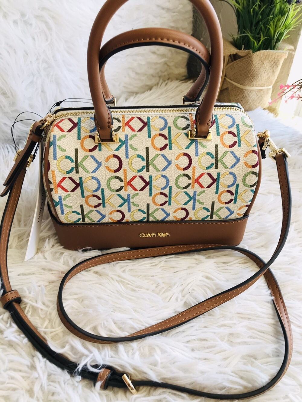 Calvin Klein CK Logo Small Satchel Top Handle Bag Crossbody Zip Logo Multicolor